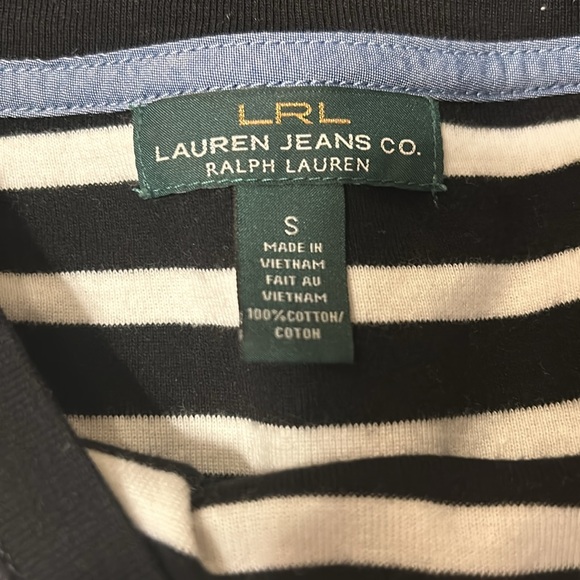 Ralph Lauren black and white stripped t-shirt with buttons going up each sleeve - Picture 4 of 6